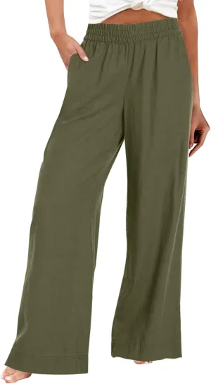 Wide Leg Linen Pants for Women Smocked Elastic High Waisted Palazzo Pants Summer Flowy Beach Trousers with Pockets