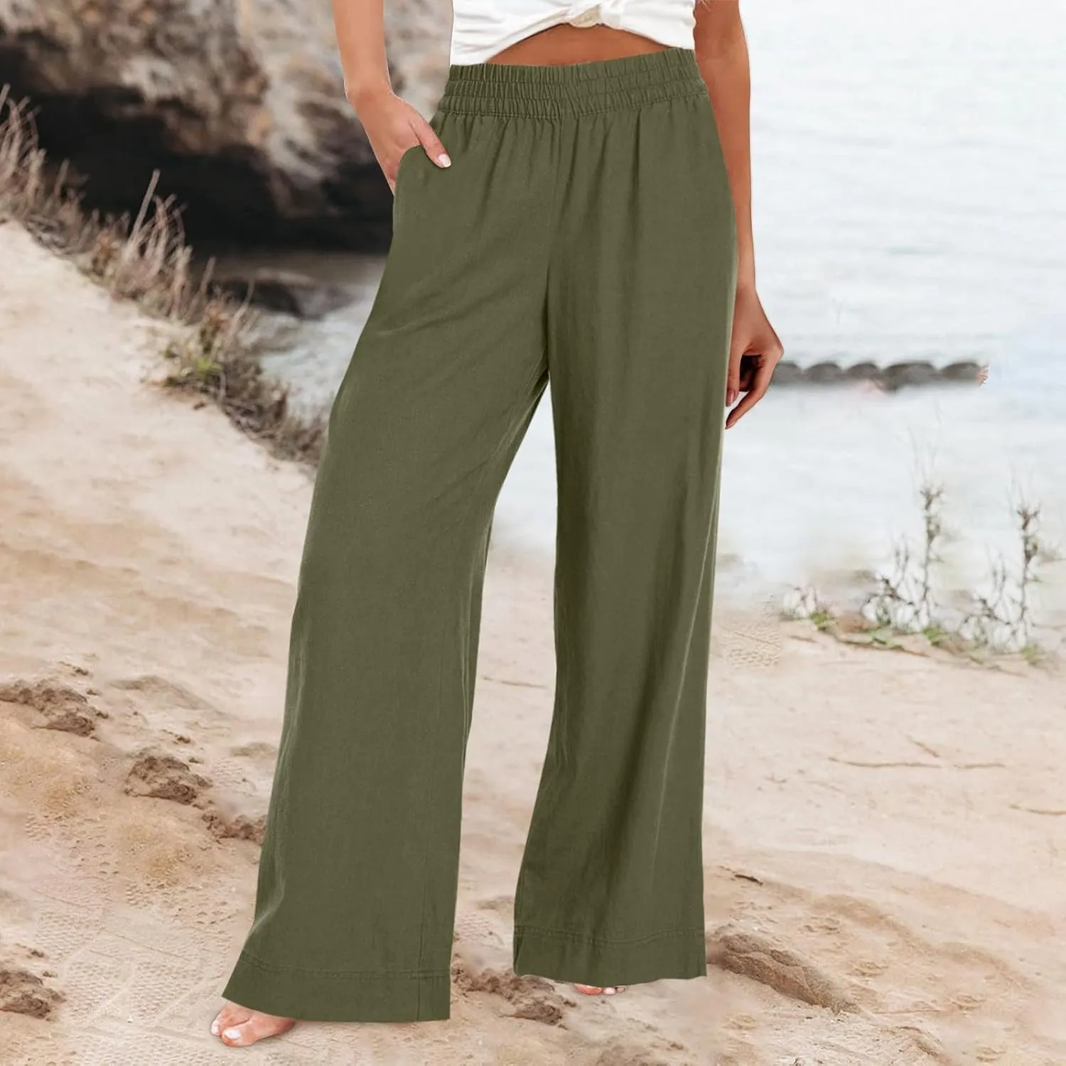 Wide Leg Linen Pants for Women Smocked Elastic High Waisted Palazzo Pants Summer Flowy Beach Trousers with Pockets
