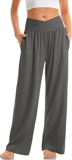 Wide Leg Yoga Pants for Women Crossover V Waist High Waisted Casual Lounge Pants Straight Leg Pull on Pants with Pockets