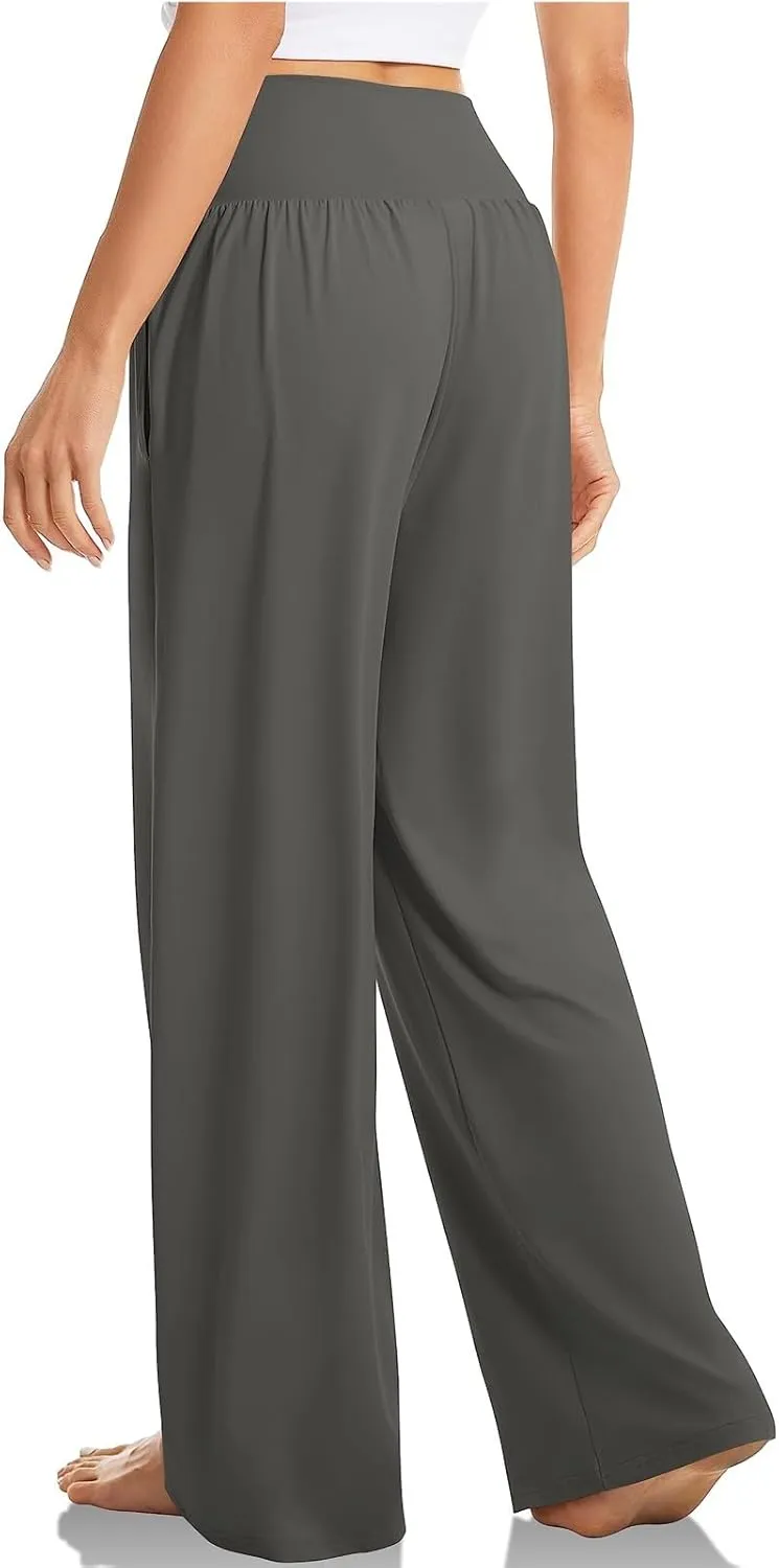 Wide Leg Yoga Pants for Women Crossover V Waist High Waisted Casual Lounge Pants Straight Leg Pull on Pants with Pockets