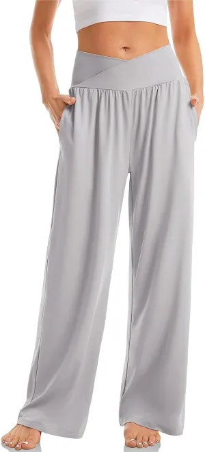 Wide Leg Yoga Pants for Women Crossover V Waist High Waisted Casual Lounge Pants Straight Leg Pull on Pants with Pockets