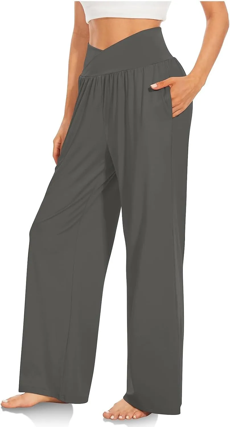Wide Leg Yoga Pants for Women Crossover V Waist High Waisted Casual Lounge Pants Straight Leg Pull on Pants with Pockets