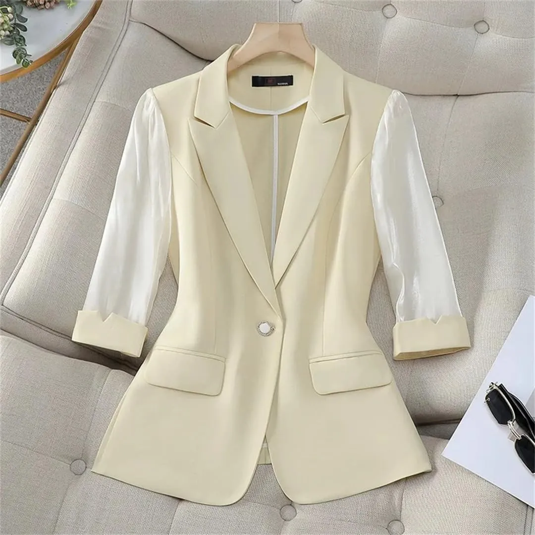 Women 3/4 Sleeve Single Button Suit Jacket Outerwear Spring Summer Blazer Office Ladies Formal Jacket Coat