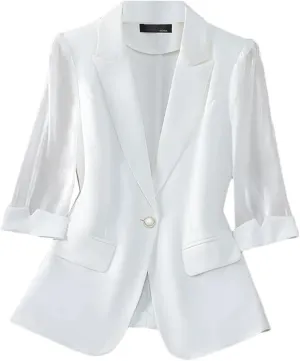 Women 3/4 Sleeve Single Button Suit Jacket Outerwear Spring Summer Blazer Office Ladies Formal Jacket Coat