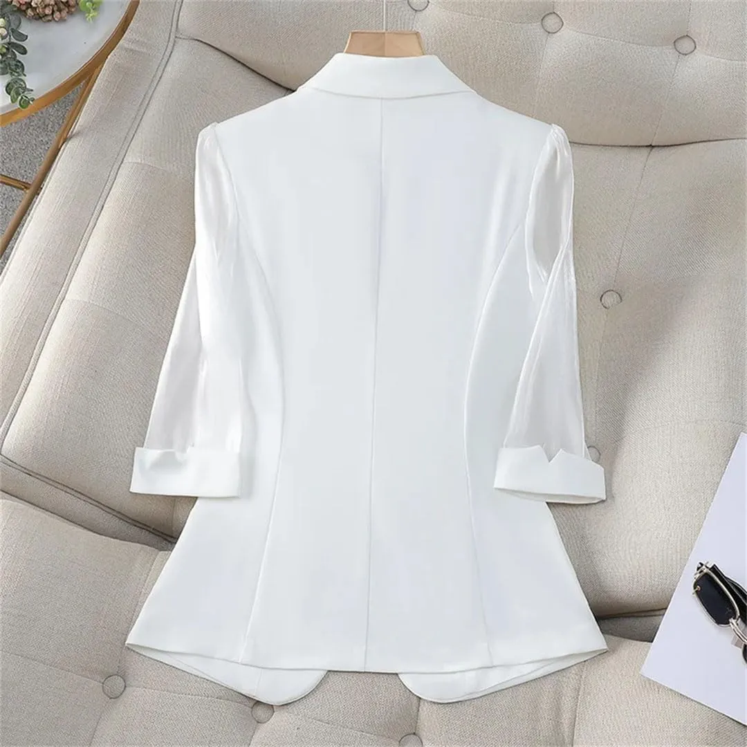 Women 3/4 Sleeve Single Button Suit Jacket Outerwear Spring Summer Blazer Office Ladies Formal Jacket Coat