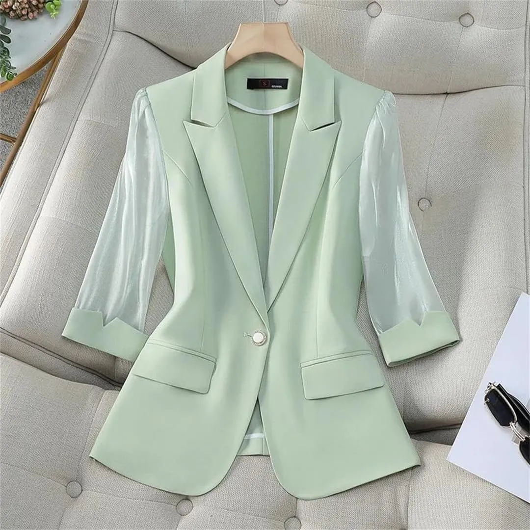 Women 3/4 Sleeve Single Button Suit Jacket Outerwear Spring Summer Blazer Office Ladies Formal Jacket Coat