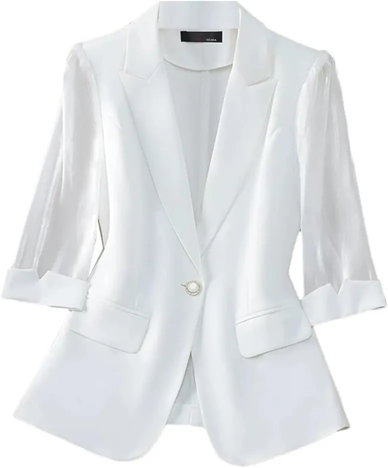 Women 3/4 Sleeve Single Button Suit Jacket Outerwear Spring Summer Blazer Office Ladies Formal Jacket Coat
