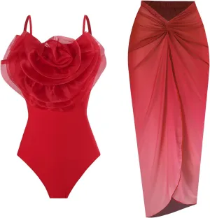 Women Big Flowers 1Piece Swimwear 1 Piece Cover UP Two Piece Vintage Print Swimsuit Monokini High Waist Thong
