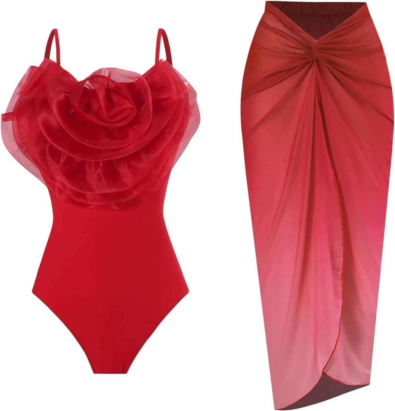 Women Big Flowers 1Piece Swimwear 1 Piece Cover UP Two Piece Vintage Print Swimsuit Monokini High Waist Thong