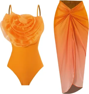 Women Big Flowers 1Piece Swimwear 1 Piece Cover UP Two Piece Vintage Print Swimsuit Monokini High Waist Thong