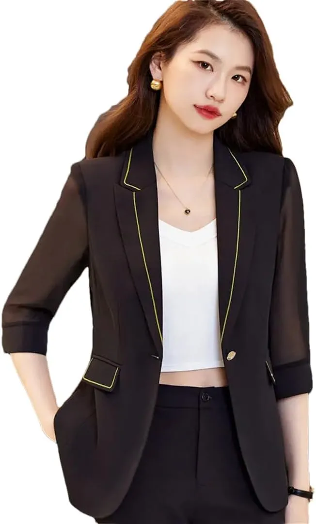 Women Blazer Formal Half Sleeve Slim Suit Jacket Office Ladies Work Coat