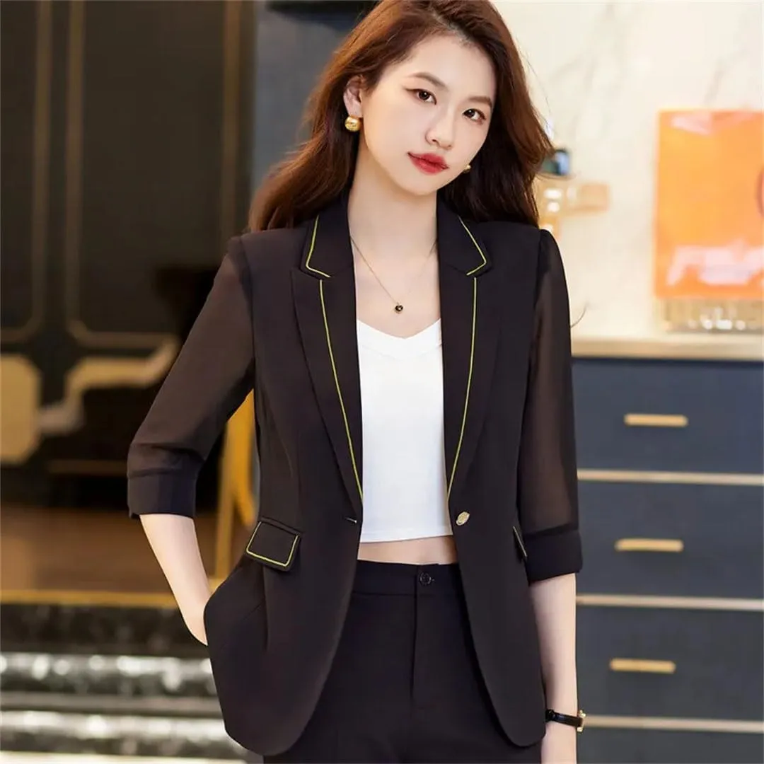 Women Blazer Formal Half Sleeve Slim Suit Jacket Office Ladies Work Coat