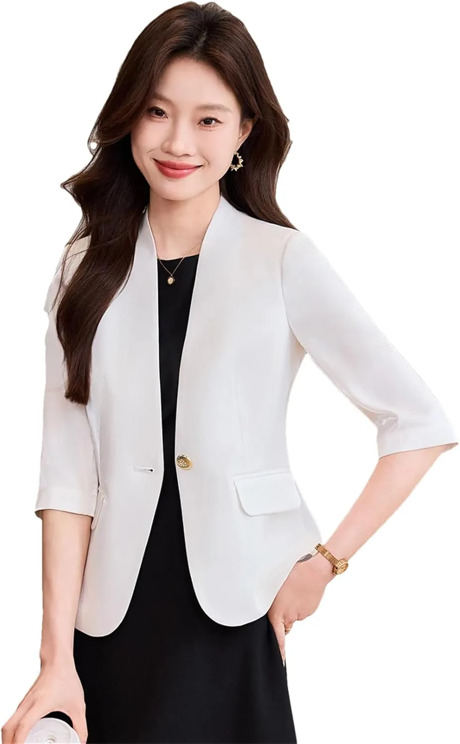 Women Blazer Jackets Half Sleeve Slim Office Ladies Work Business V-Neck Suit Jacket