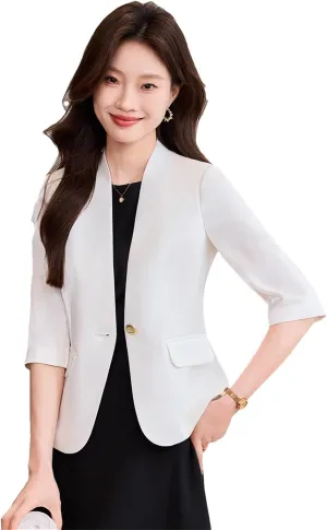 Women Blazer Jackets Half Sleeve Slim Office Ladies Work Business V-Neck Suit Jacket