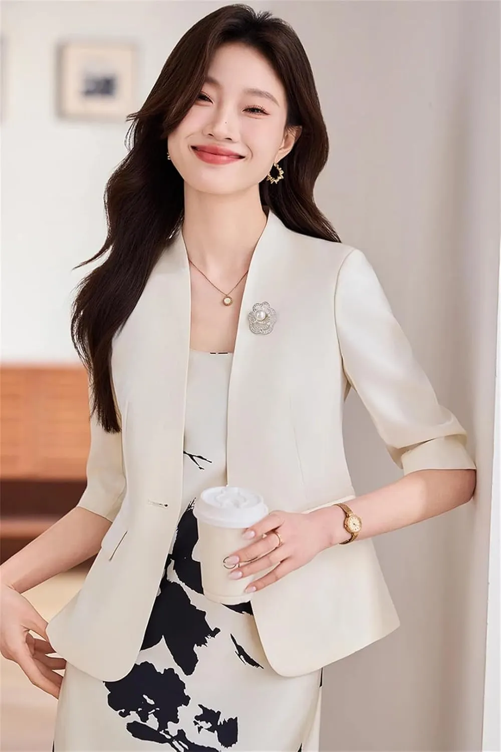 Women Blazer Jackets Half Sleeve Slim Office Ladies Work Business V-Neck Suit Jacket