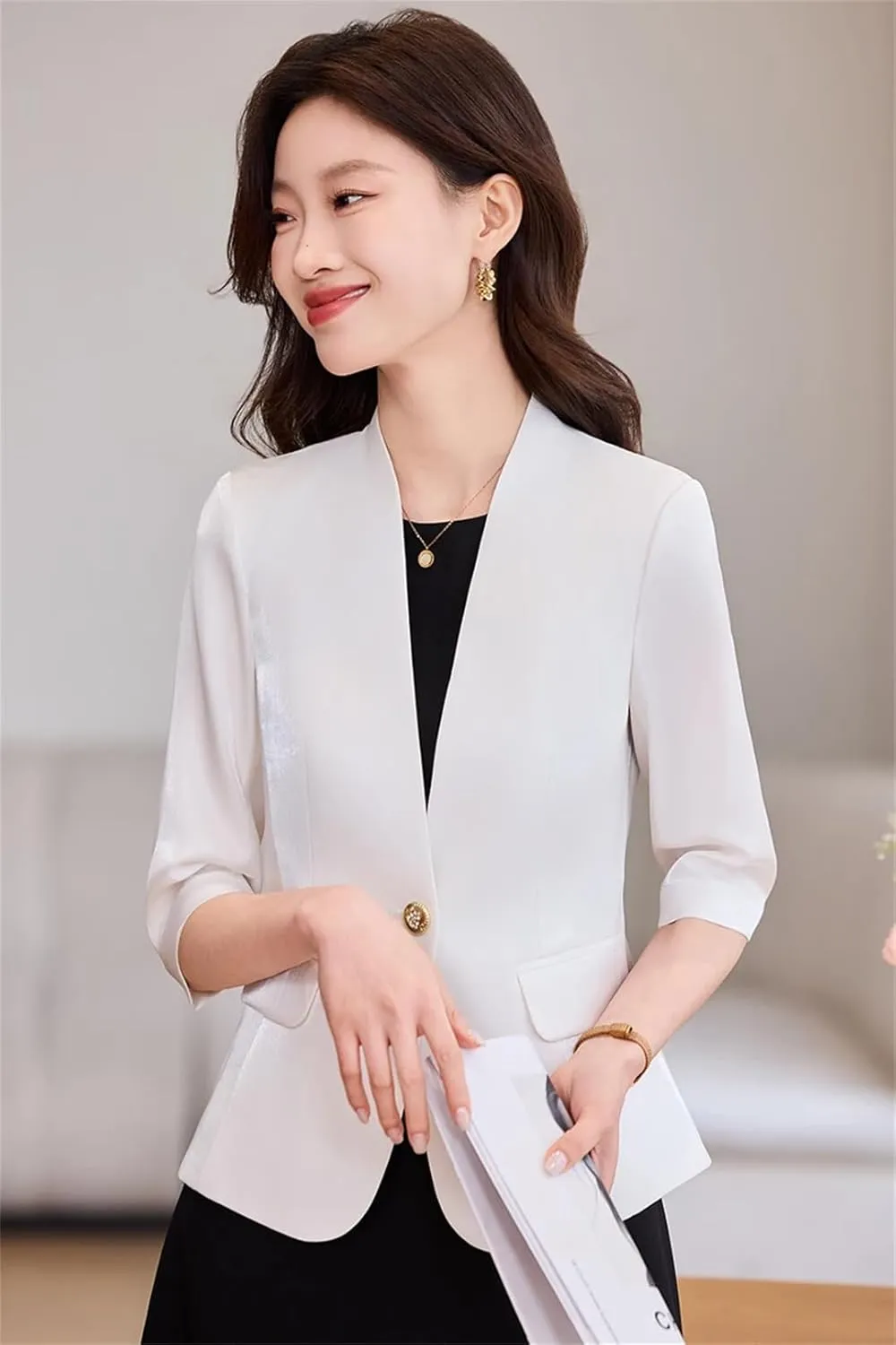 Women Blazer Jackets Half Sleeve Slim Office Ladies Work Business V-Neck Suit Jacket