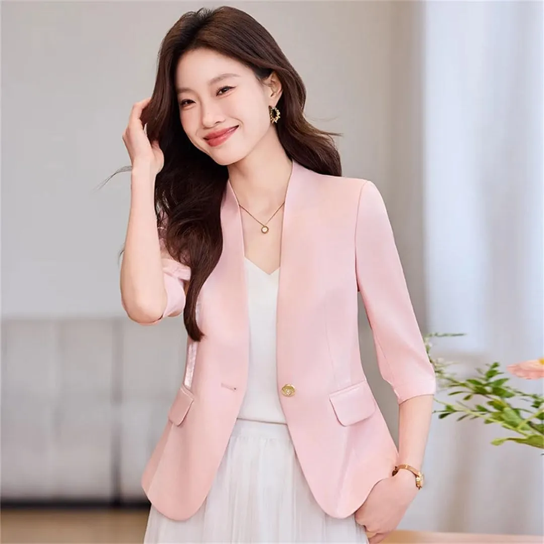 Women Blazer Jackets Half Sleeve Slim Office Ladies Work Business V-Neck Suit Jacket