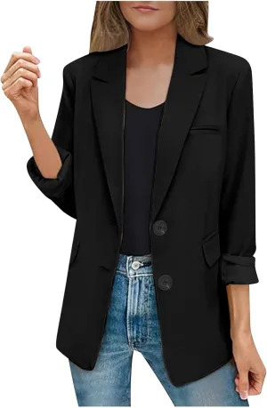 Women Blazer Jackets Solid Color Long Sleeved Lapel Tailored Jackets with Pockets Lightweight Office Work Suit Coat