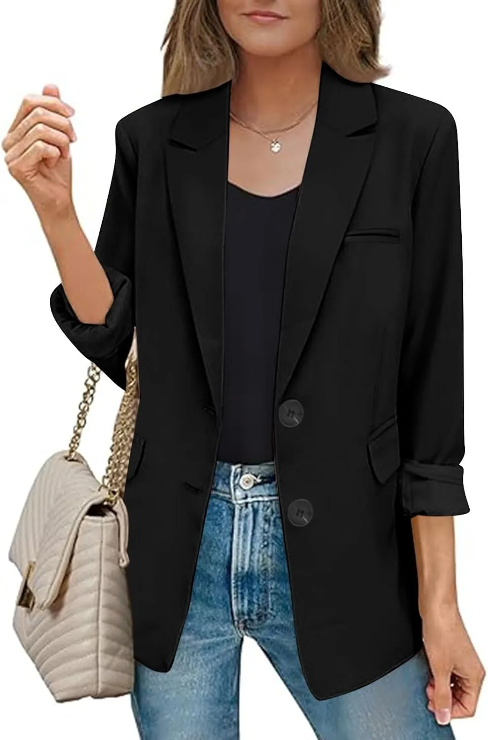 Women Blazer Jackets Solid Color Long Sleeved Lapel Tailored Jackets with Pockets Lightweight Office Work Suit Coat
