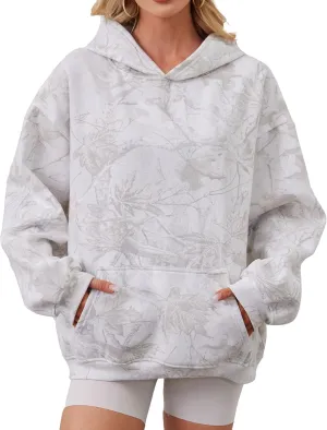 Women Camo Hoodies Maple Leaf Oversized Fleece Hooded Sweatshirt Loose Long Sleeve Pullover Top with Pocket Couple