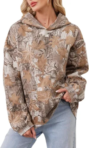 Women Camo Hoodies Maple Leaf Oversized Fleece Hooded Sweatshirt Loose Long Sleeve Pullover Top with Pocket Couple