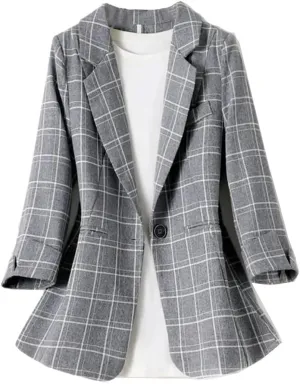 Women Casual Plaid Blazer Summer Business Work Coat Office Ladies Suit Jacket