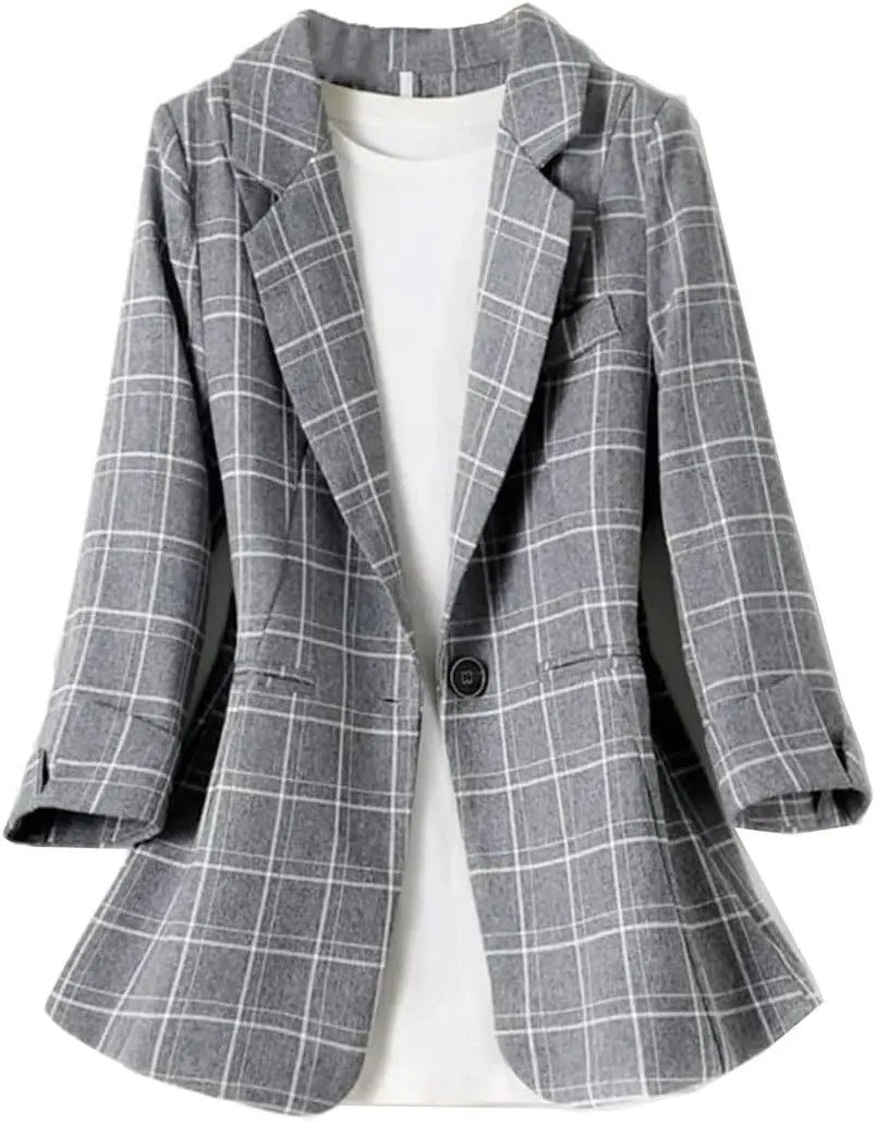 Women Casual Plaid Blazer Summer Business Work Coat Office Ladies Suit Jacket