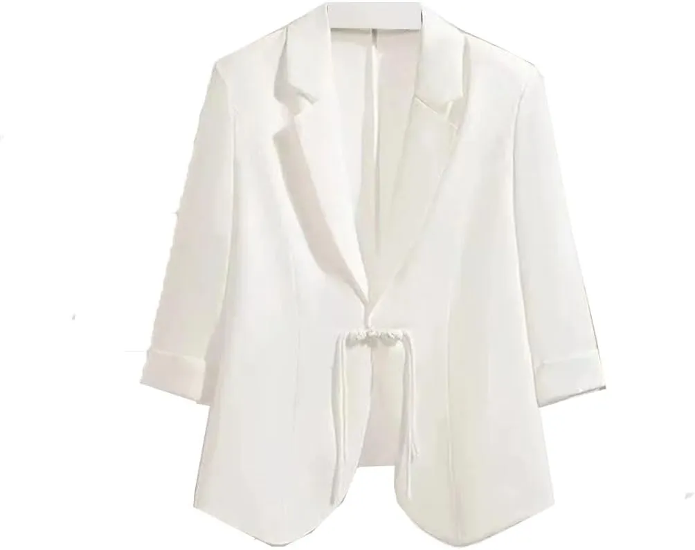 Women Chinese Style Blazers Summer Thin Chiffon Suit Jacket Disc Buckle Design 3/4 Sleeves Sunscreen Jacket