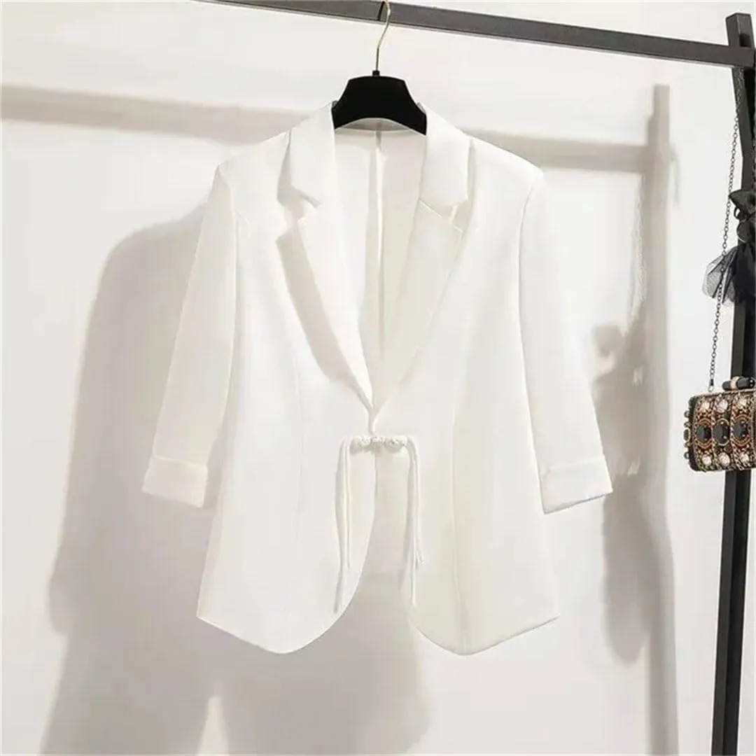 Women Chinese Style Blazers Summer Thin Chiffon Suit Jacket Disc Buckle Design 3/4 Sleeves Sunscreen Jacket