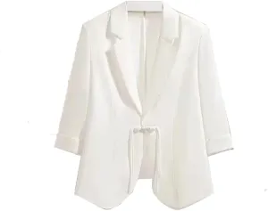 Women Chinese Style Blazers Summer Thin Chiffon Suit Jacket Disc Buckle Design 3/4 Sleeves Sunscreen Jacket