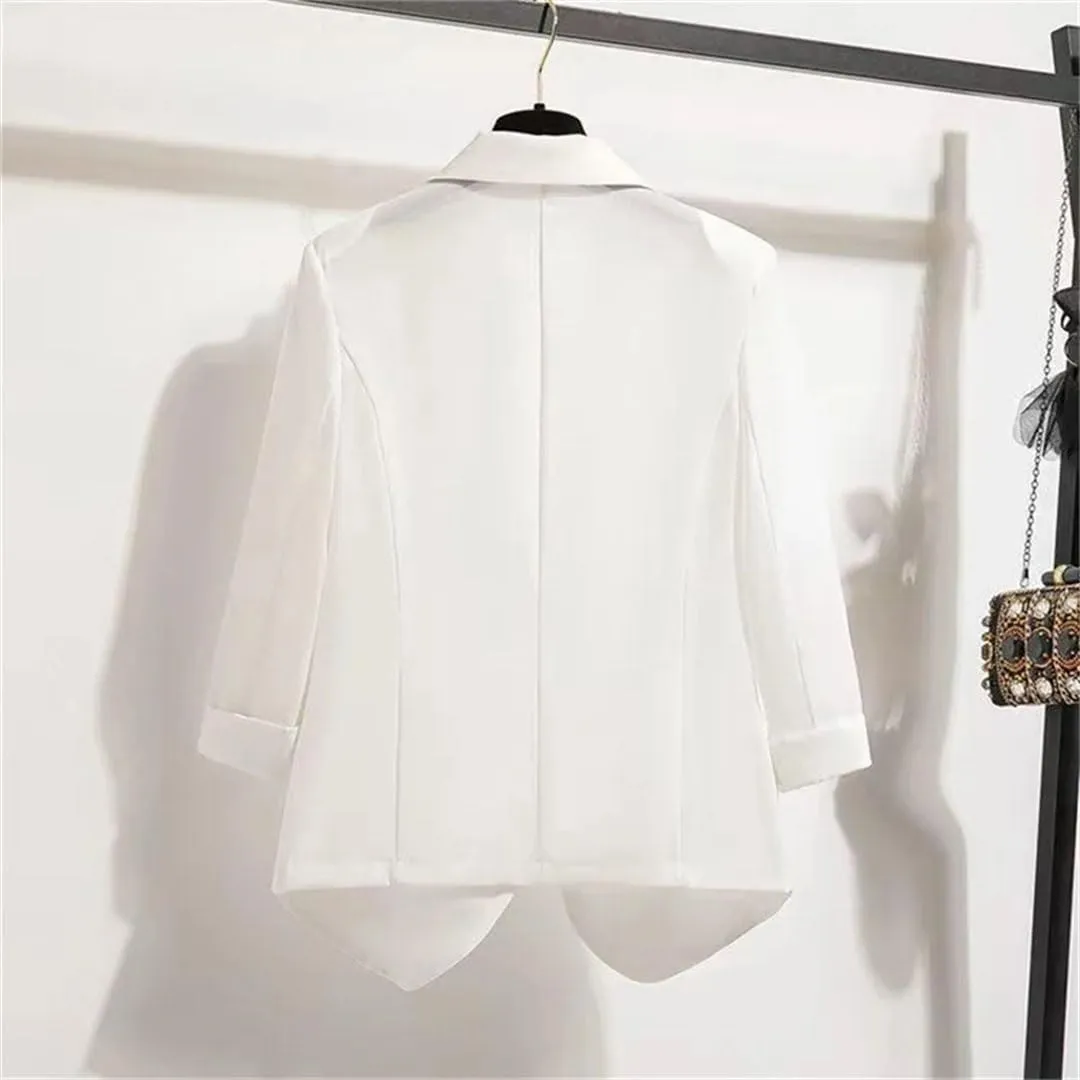 Women Chinese Style Blazers Summer Thin Chiffon Suit Jacket Disc Buckle Design 3/4 Sleeves Sunscreen Jacket