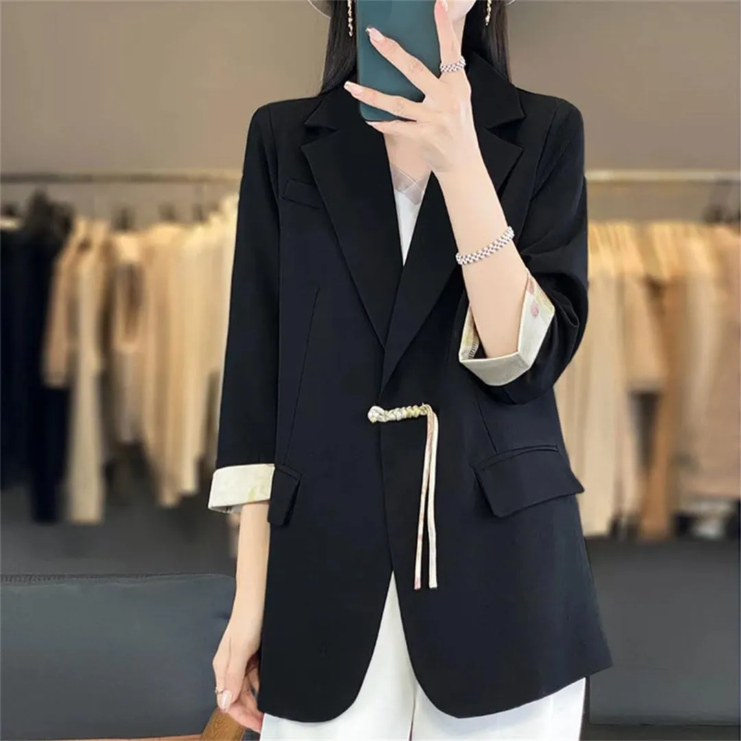 Women Chinese Style Satin Suit Jacket Spring Summer Pearl Button Loose Blazer Coat