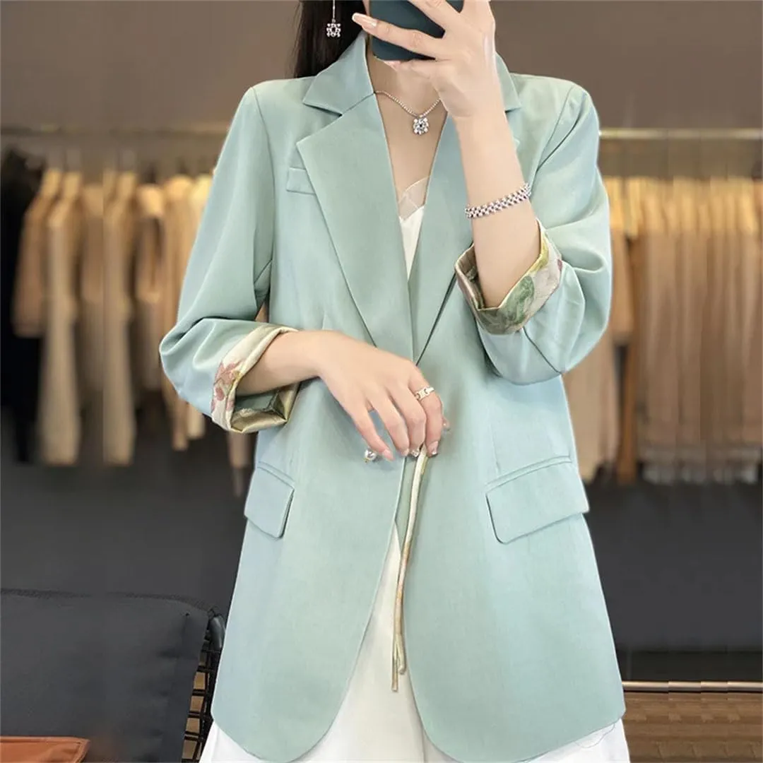 Women Chinese Style Satin Suit Jacket Spring Summer Pearl Button Loose Blazer Coat