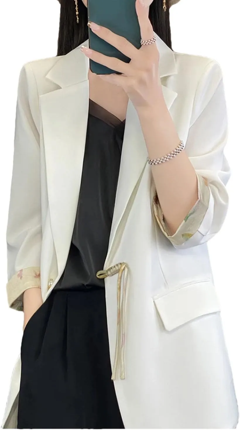 Women Chinese Style Satin Suit Jacket Spring Summer Pearl Button Loose Blazer Coat