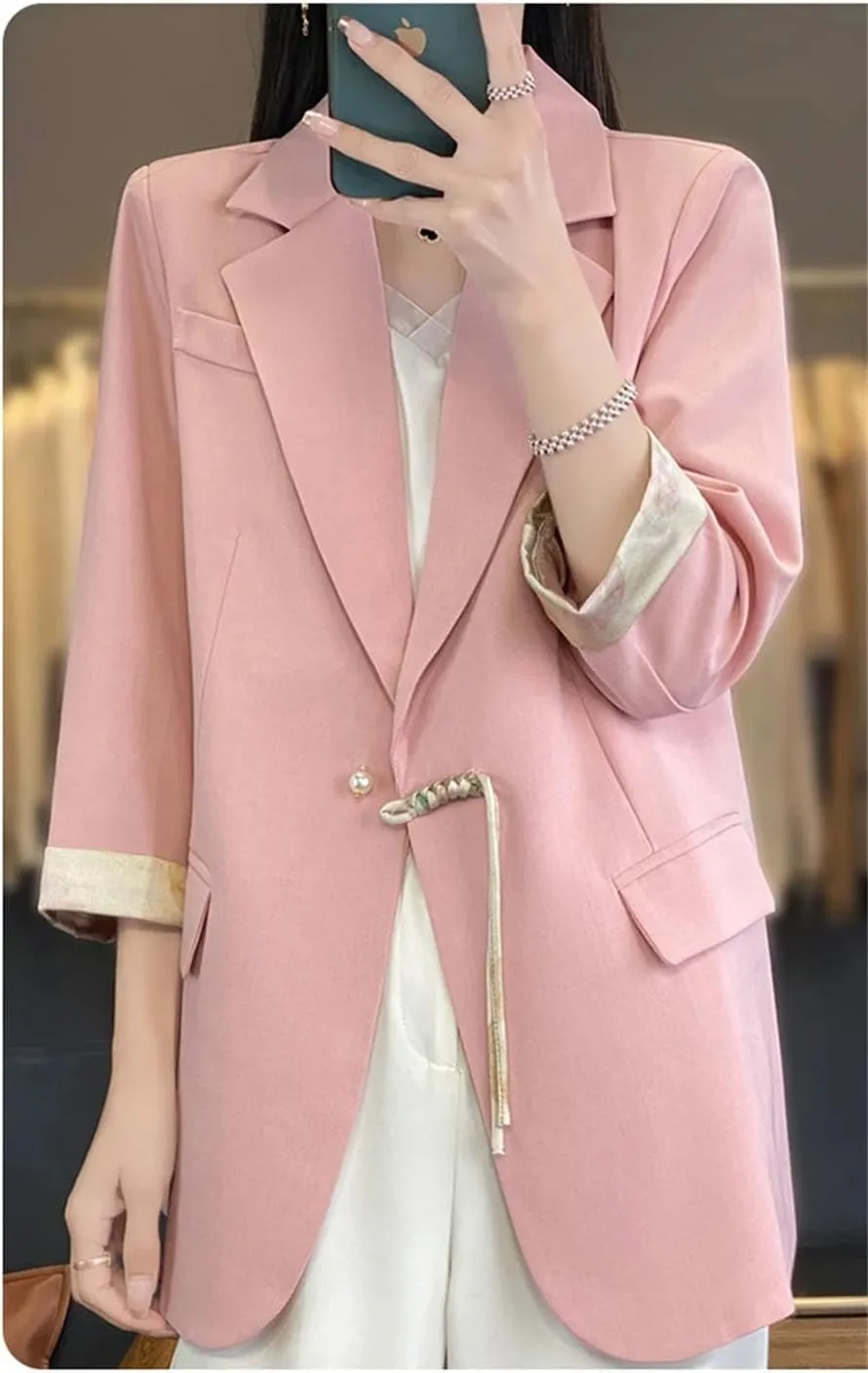 Women Chinese Style Satin Suit Jacket Spring Summer Pearl Button Loose Blazer Coat