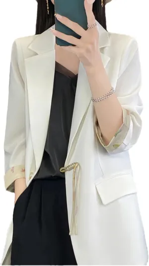 Women Chinese Style Satin Suit Jacket Spring Summer Pearl Button Loose Blazer Coat