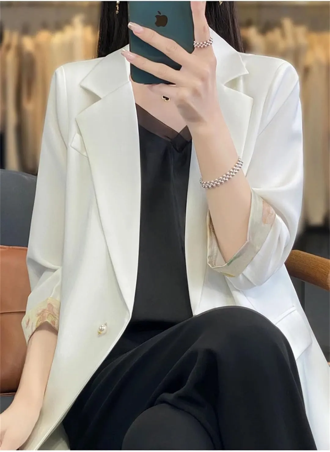 Women Chinese Style Satin Suit Jacket Spring Summer Pearl Button Loose Blazer Coat