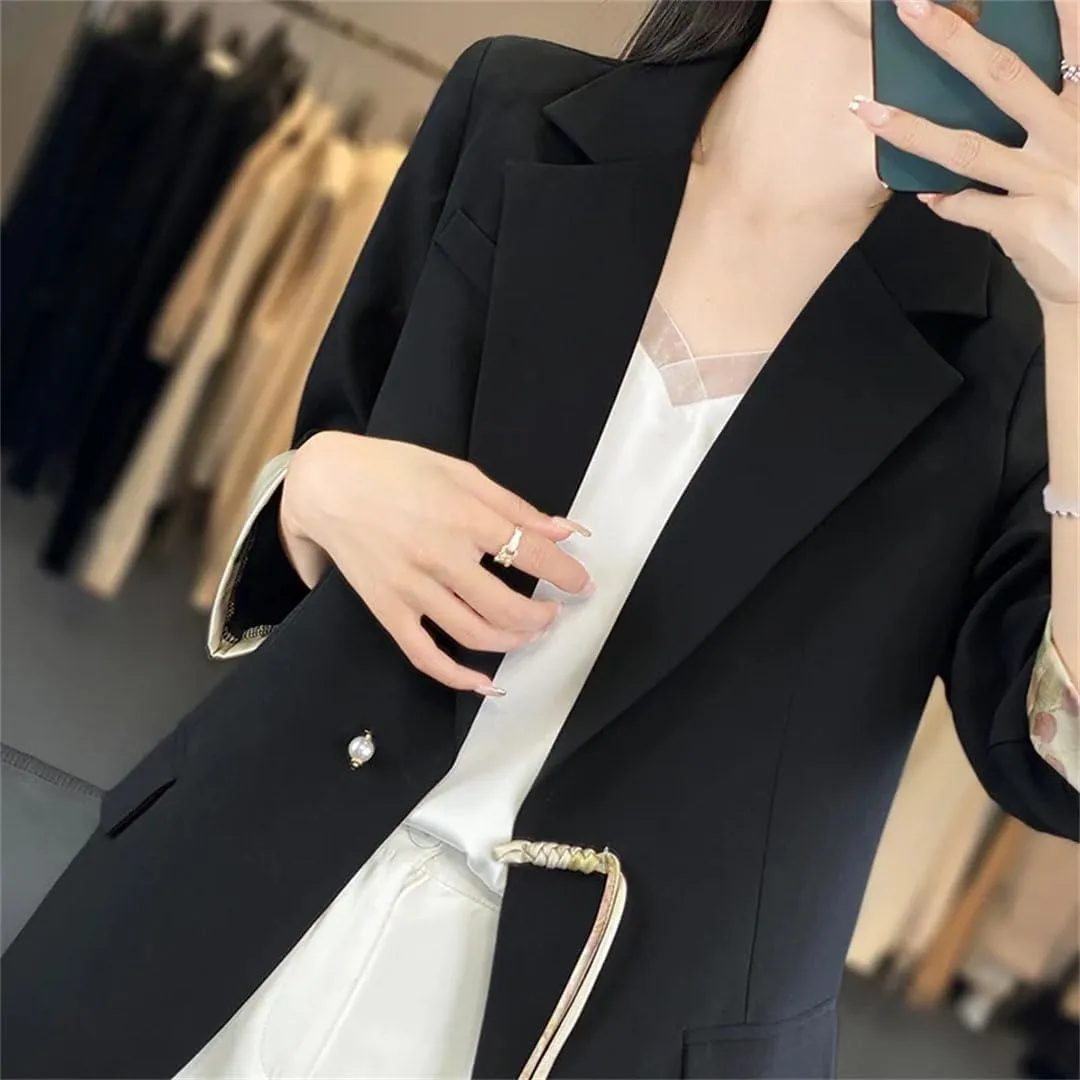 Women Chinese Style Satin Suit Jacket Spring Summer Pearl Button Loose Blazer Coat