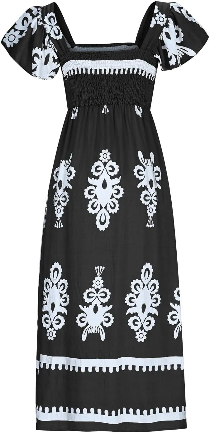 Women Ethnic Style Maxi Dress Summer Vintage Print A-Line Dresses Smocked Square Neck Cap Sleeve Boho Beach Dress