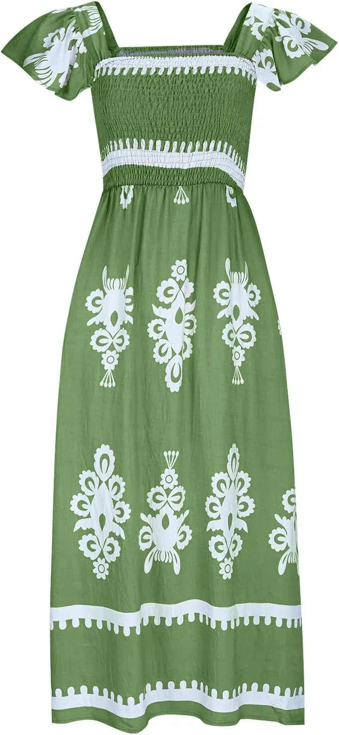 Women Ethnic Style Maxi Dress Summer Vintage Print A-Line Dresses Smocked Square Neck Cap Sleeve Boho Beach Dress