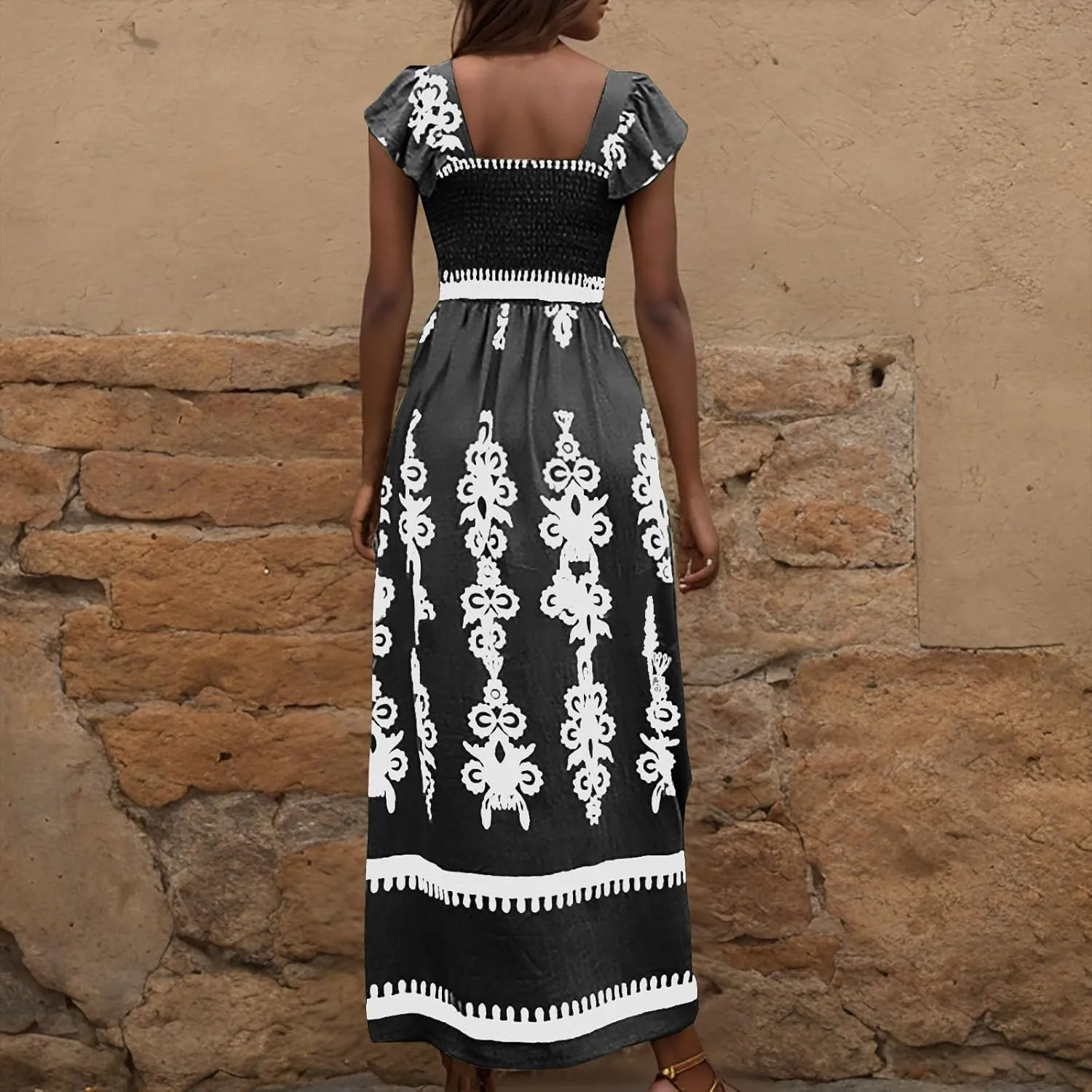 Women Ethnic Style Maxi Dress Summer Vintage Print A-Line Dresses Smocked Square Neck Cap Sleeve Boho Beach Dress
