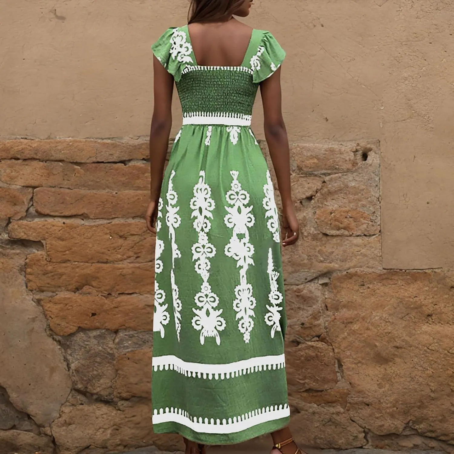 Women Ethnic Style Maxi Dress Summer Vintage Print A-Line Dresses Smocked Square Neck Cap Sleeve Boho Beach Dress