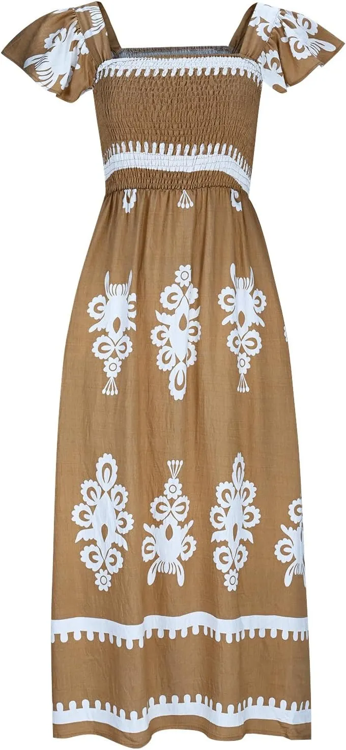 Women Ethnic Style Maxi Dress Summer Vintage Print A-Line Dresses Smocked Square Neck Cap Sleeve Boho Beach Dress
