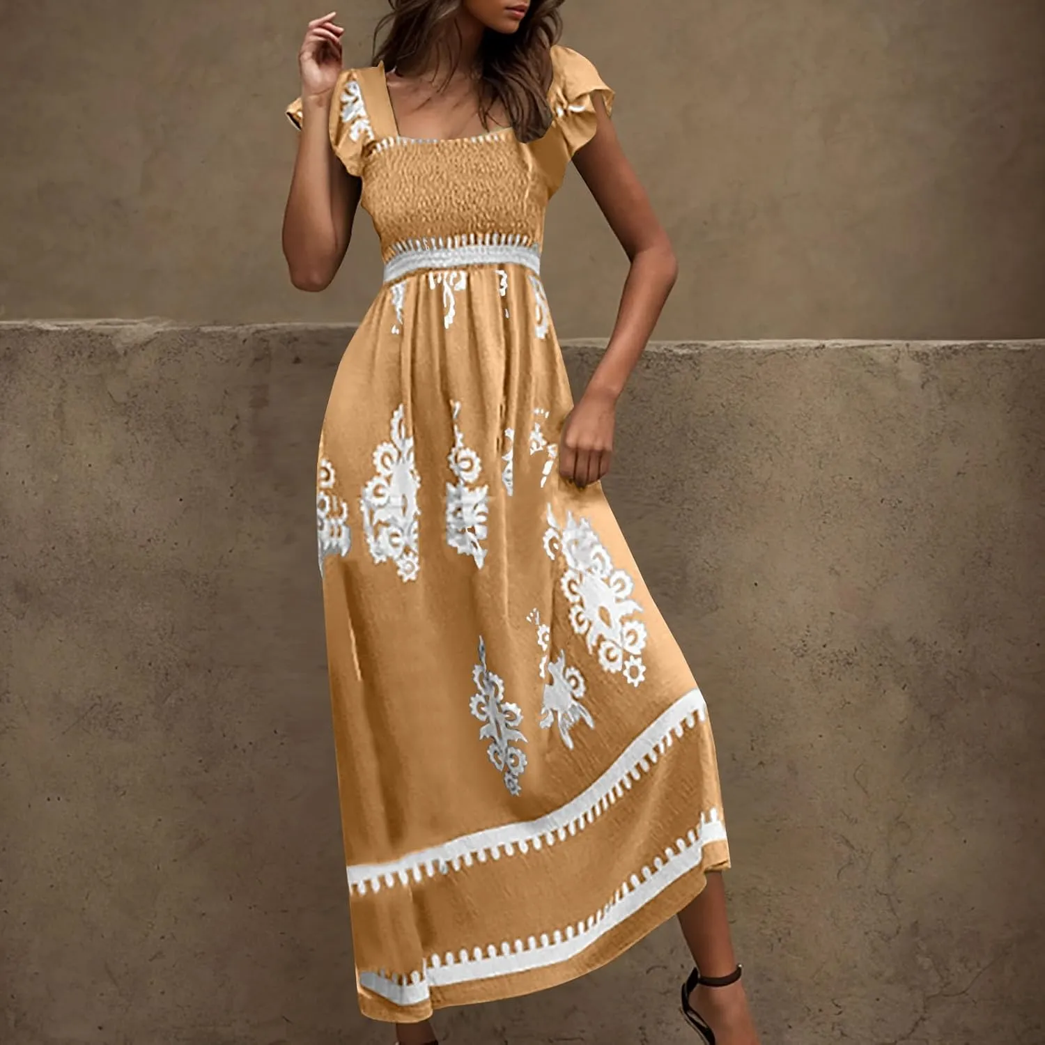 Women Ethnic Style Maxi Dress Summer Vintage Print A-Line Dresses Smocked Square Neck Cap Sleeve Boho Beach Dress