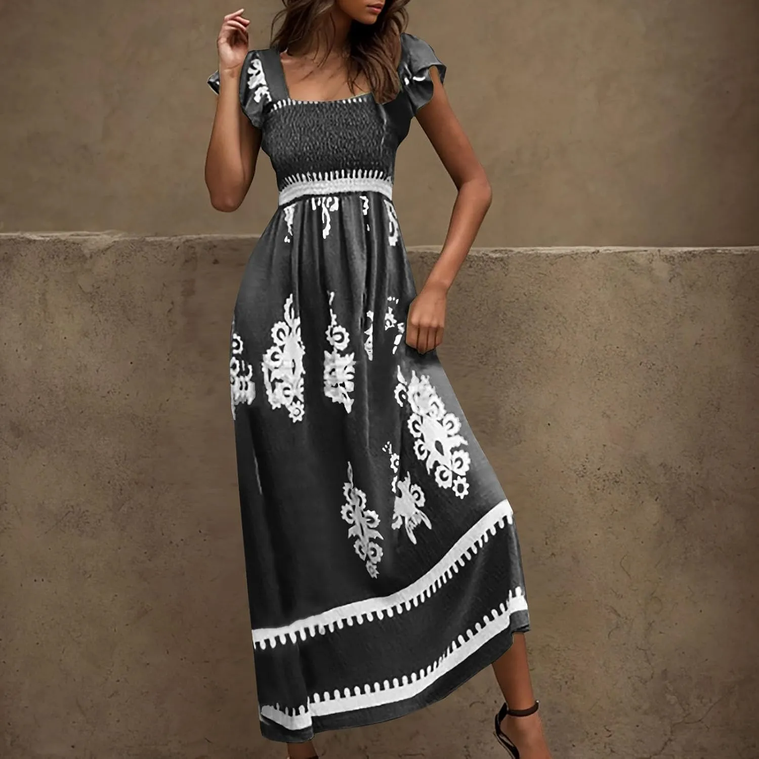 Women Ethnic Style Maxi Dress Summer Vintage Print A-Line Dresses Smocked Square Neck Cap Sleeve Boho Beach Dress