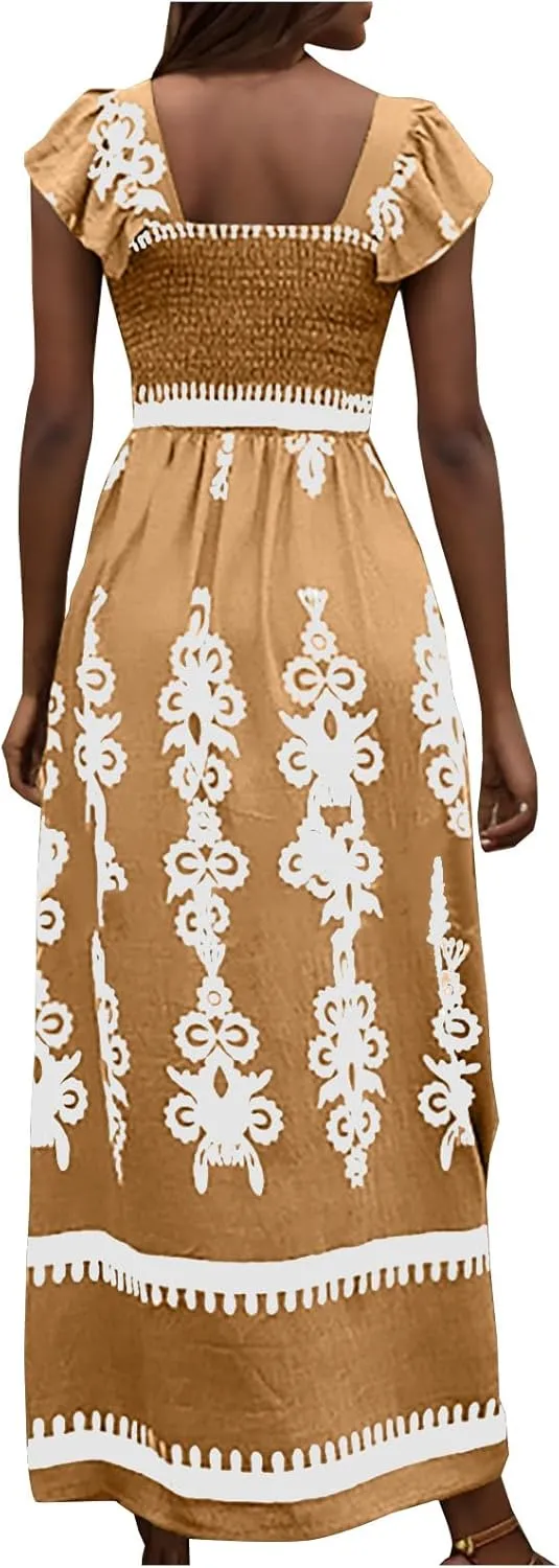 Women Ethnic Style Maxi Dress Summer Vintage Print A-Line Dresses Smocked Square Neck Cap Sleeve Boho Beach Dress