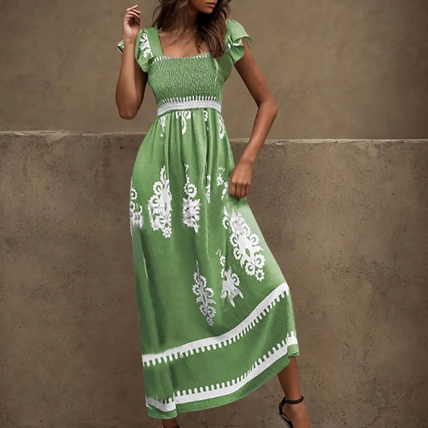 Women Ethnic Style Maxi Dress Summer Vintage Print A-Line Dresses Smocked Square Neck Cap Sleeve Boho Beach Dress