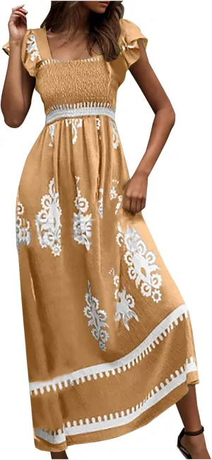 Women Ethnic Style Maxi Dress Summer Vintage Print A-Line Dresses Smocked Square Neck Cap Sleeve Boho Beach Dress
