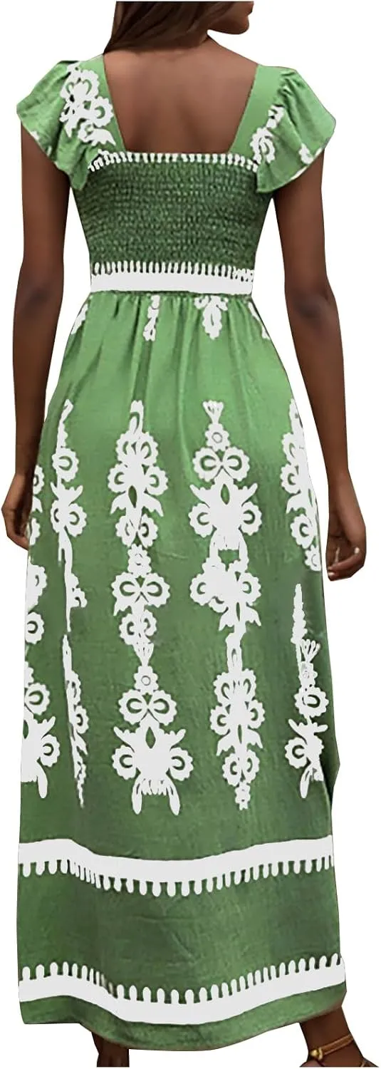 Women Ethnic Style Maxi Dress Summer Vintage Print A-Line Dresses Smocked Square Neck Cap Sleeve Boho Beach Dress