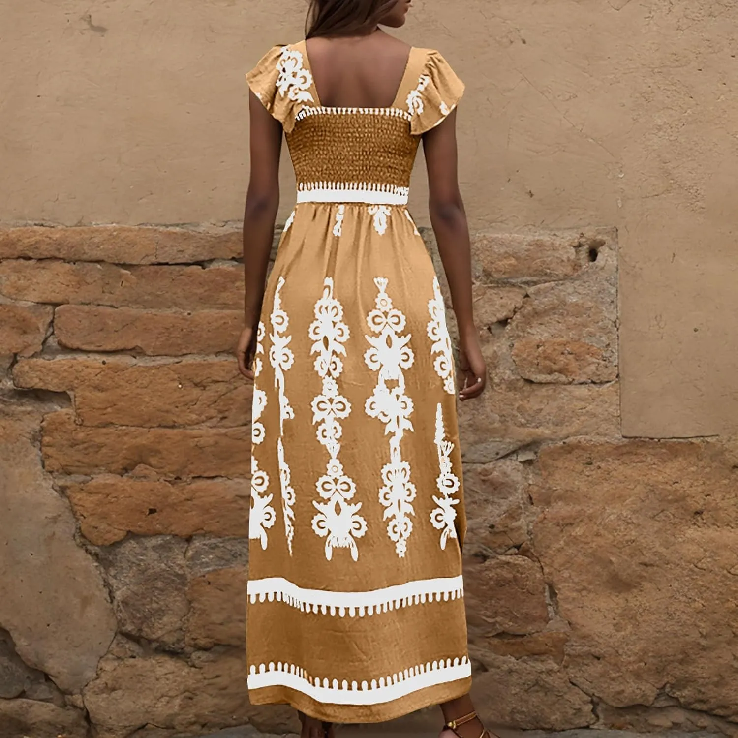 Women Ethnic Style Maxi Dress Summer Vintage Print A-Line Dresses Smocked Square Neck Cap Sleeve Boho Beach Dress